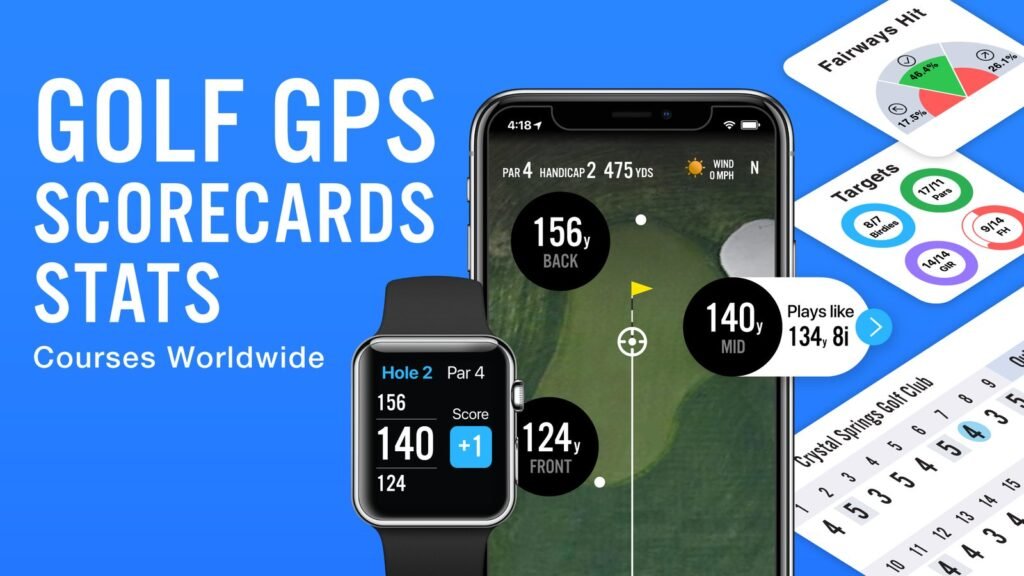 An Apple Watch and smartphone displaying golf app data on a wooden table.