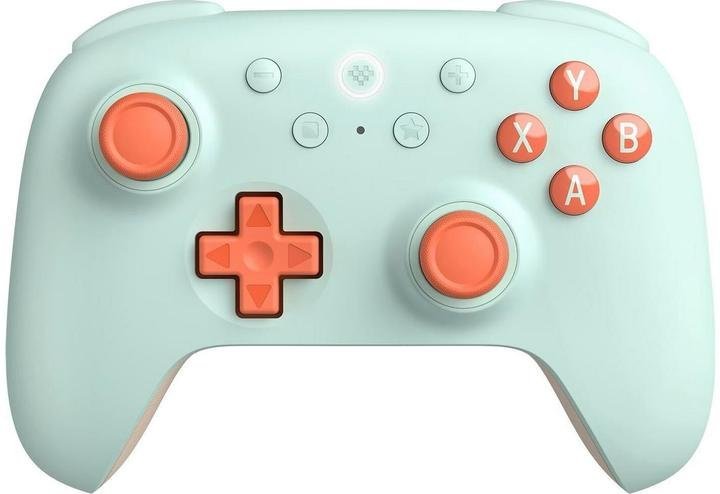 The small LED indicator on an 8BitDo Ultimate controller glowing red.
