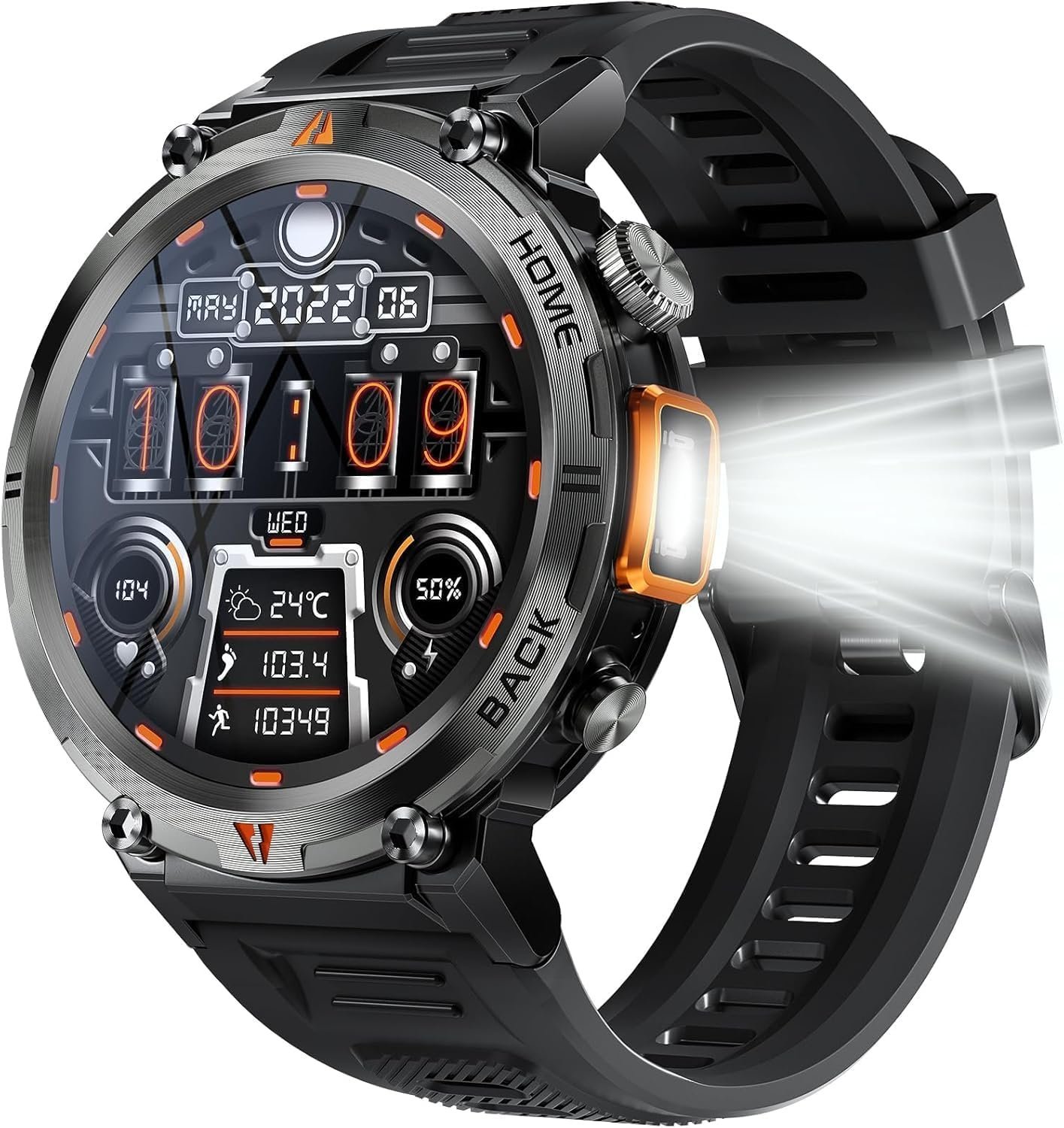 A hand holding the side button of an Eigiis KE3 smartwatch for reset.