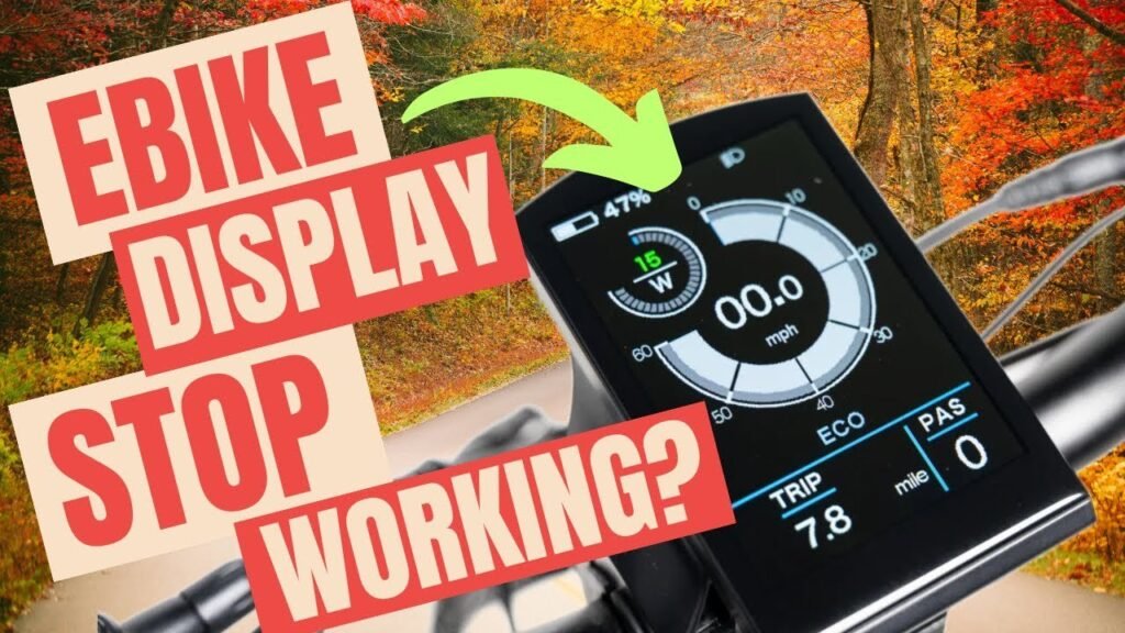 A dark, non-responsive electric bike display screen mounted on handlebars in a park.