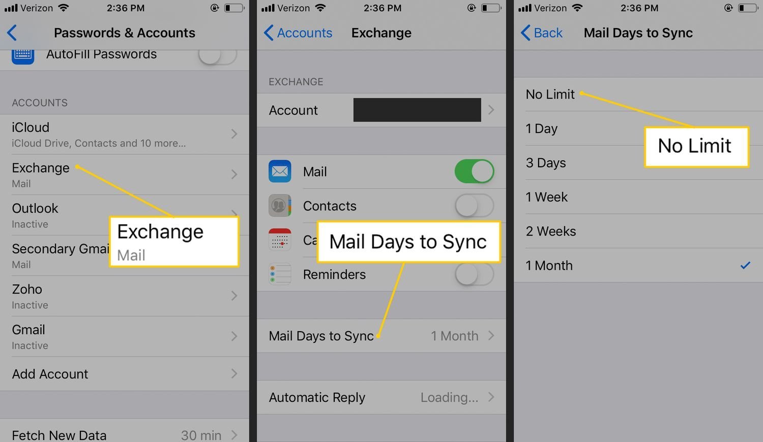 Close up of an iPhone screen showing email account settings for troubleshooting sync errors.