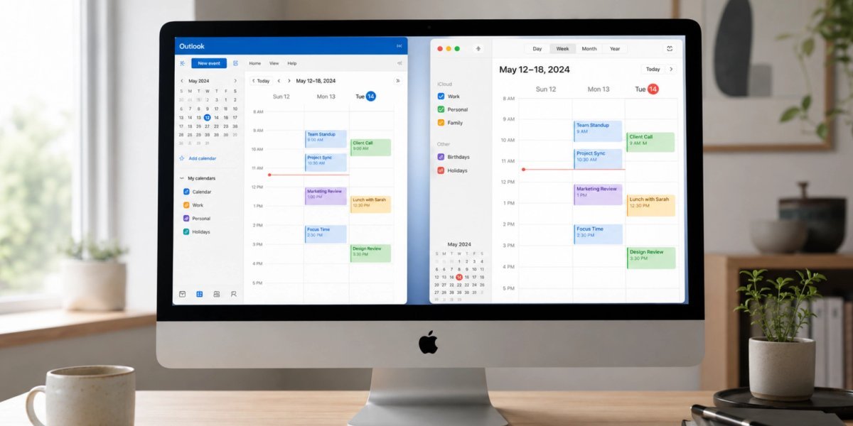 Hands typing on a laptop keyboard while troubleshooting a calendar sync issue.