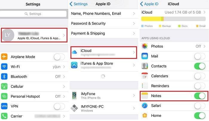 Checking Apple ID settings on an iPhone and MacBook to fix iCloud notes syncing.