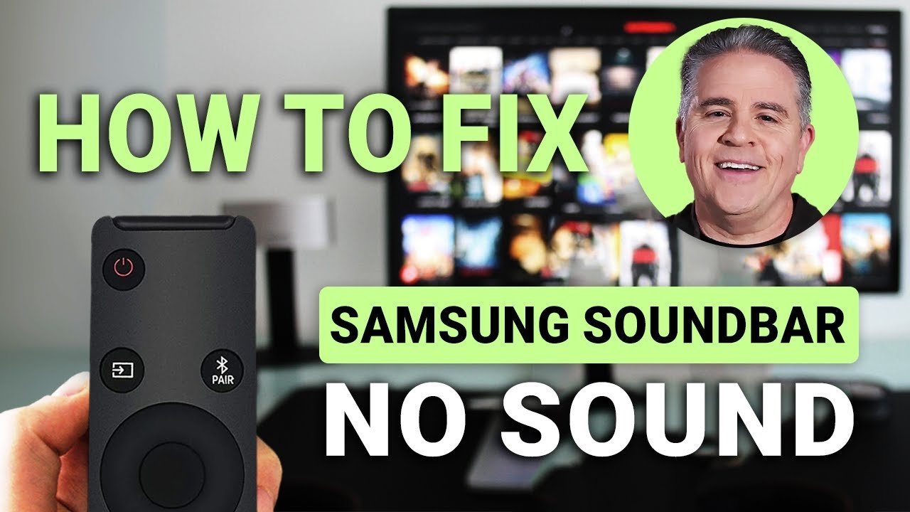 An HDMI cable connects to a Samsung soundbar to resolve volume sync issues.