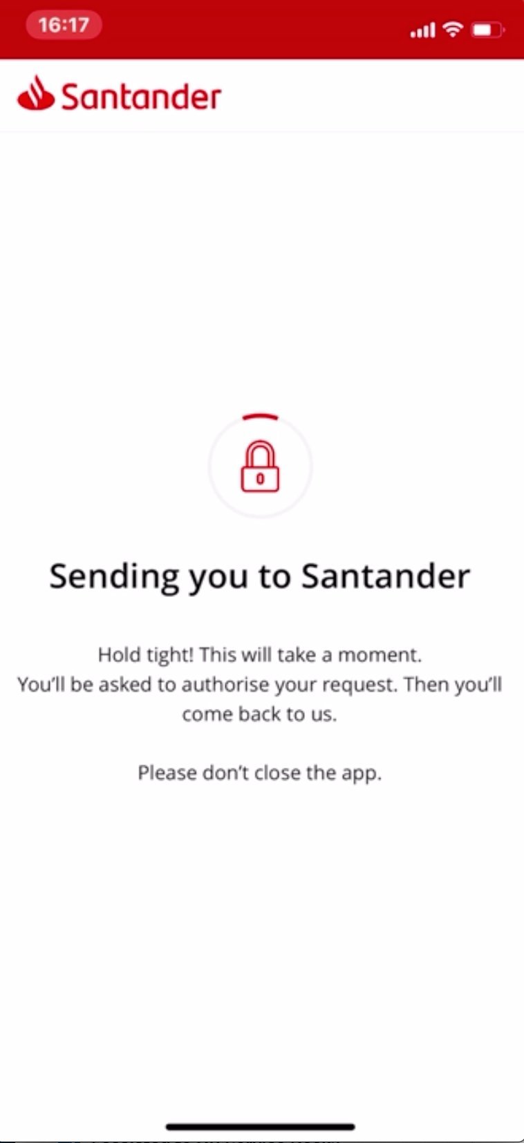 An outdated banking app shows a frozen loading screen on a smartphone.