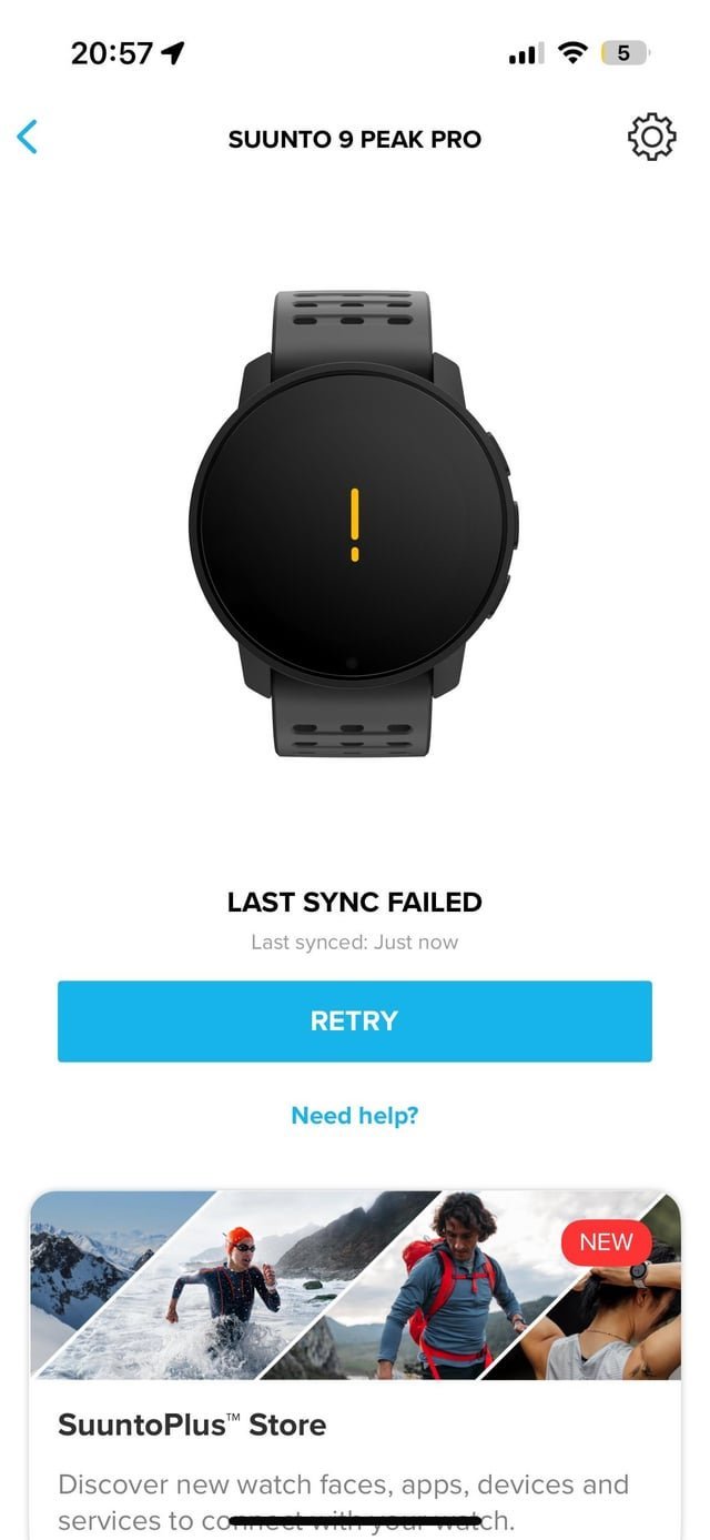 A person troubleshooting a Suunto 9 Peak Pro watch connection issue with their phone.